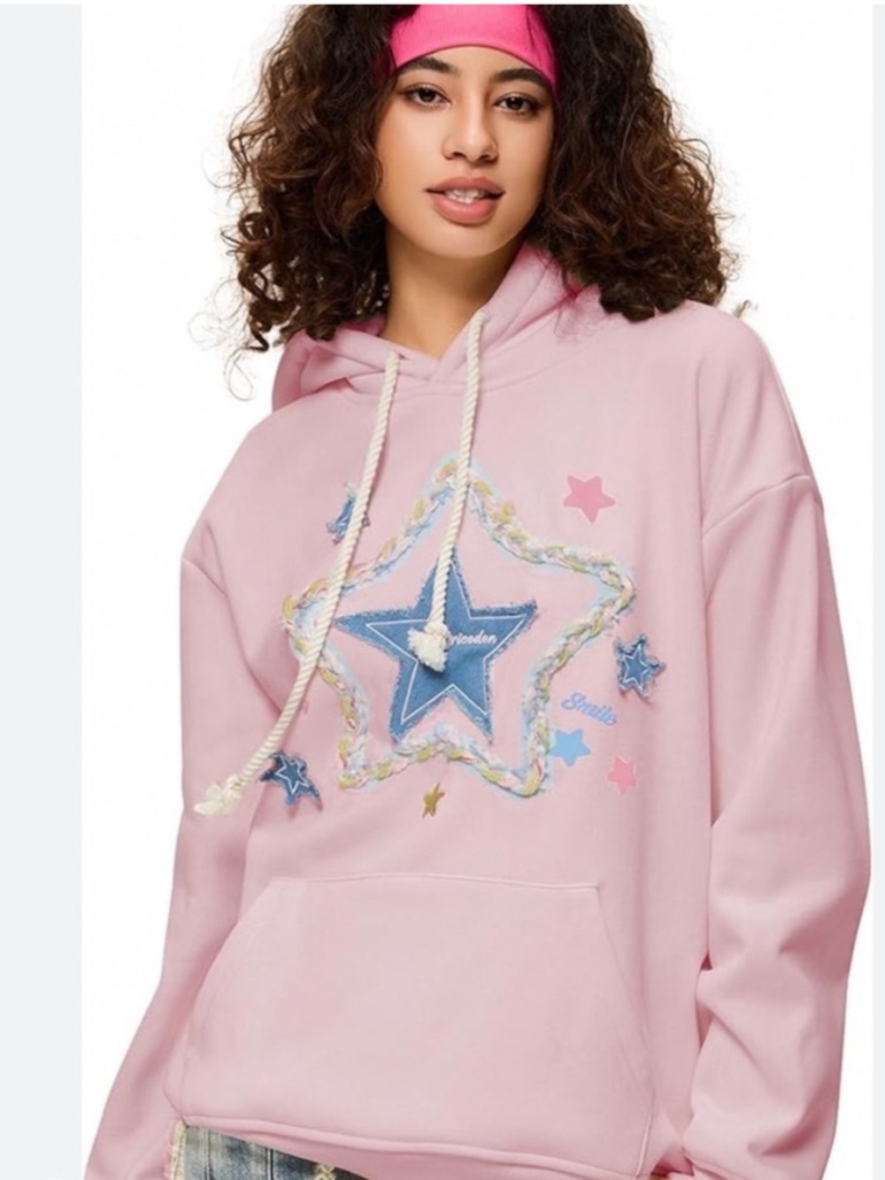 Aelfric Eden Denim Pink Star Applique Embroidery Hoodie